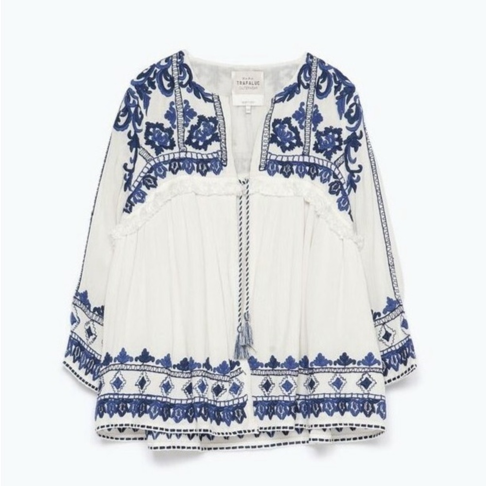 Zara Blue and Cream Boho Embroidered Blouse Jacket Size Small - Picture 2 of 15